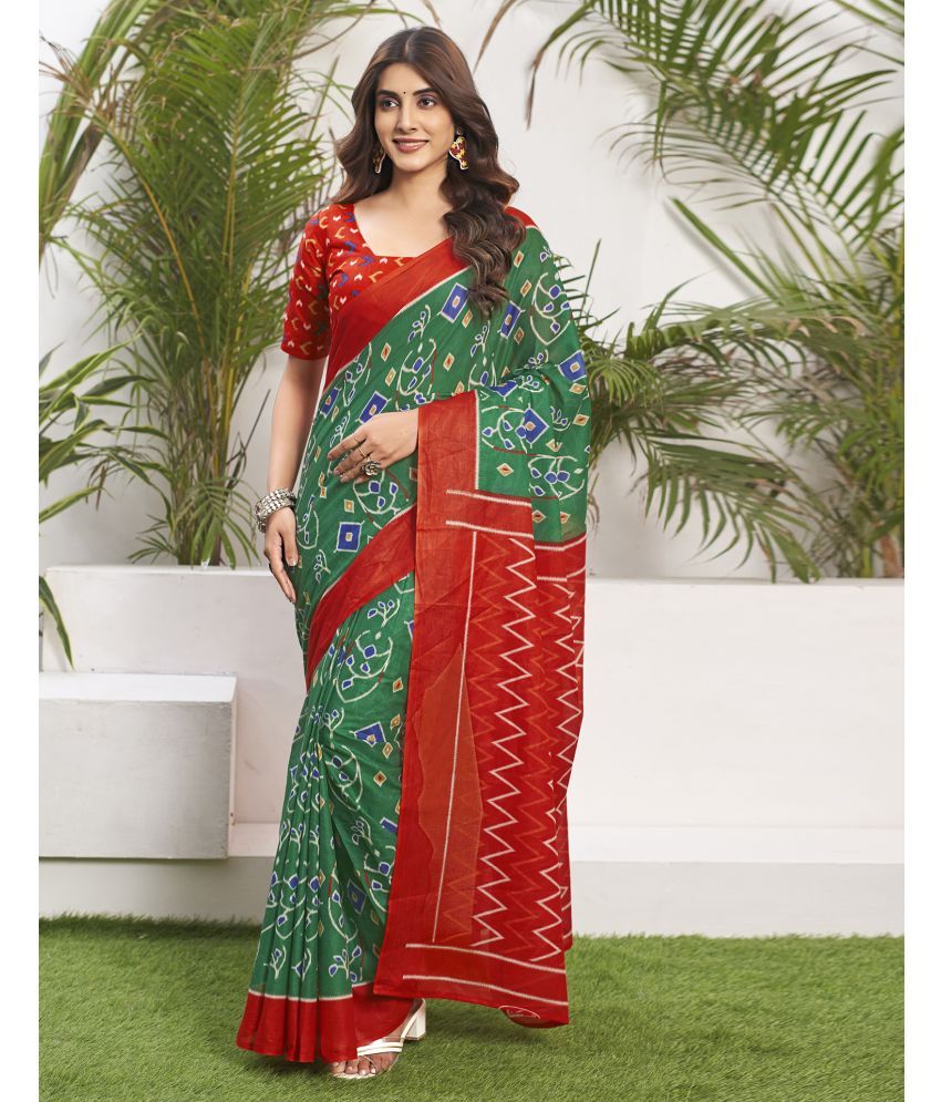     			Satrani Cotton Printed Saree With Blouse Piece - Green ( Pack of 1 )