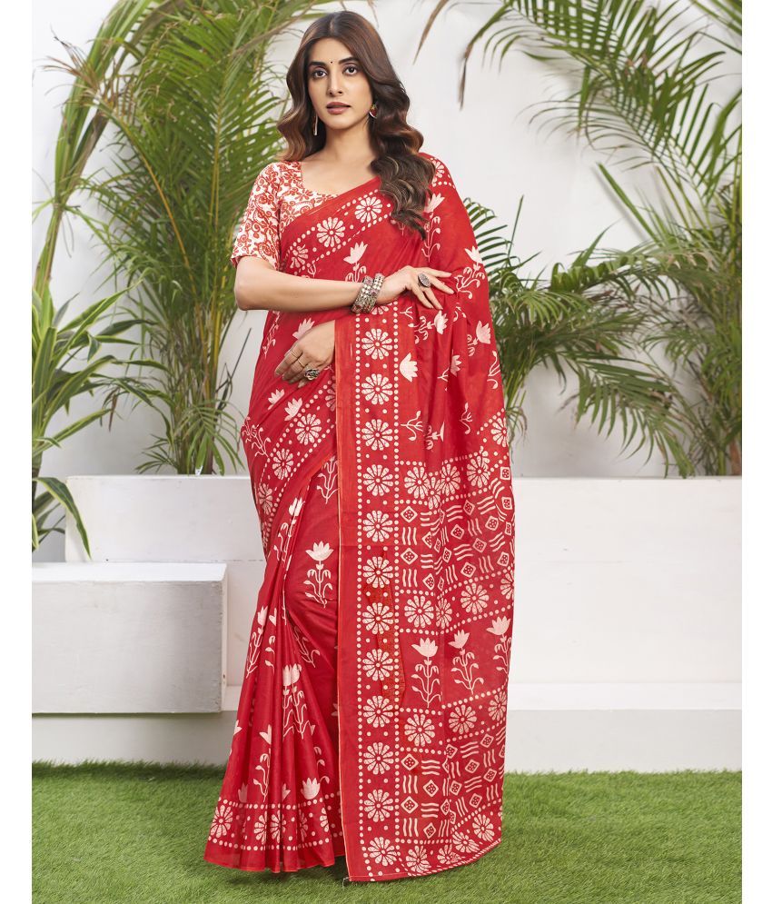     			Satrani Cotton Printed Saree With Blouse Piece - Red ( Pack of 1 )