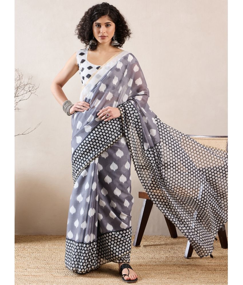     			Vaamsi Linen Printed Saree With Blouse Piece - Grey ( Pack of 1 )