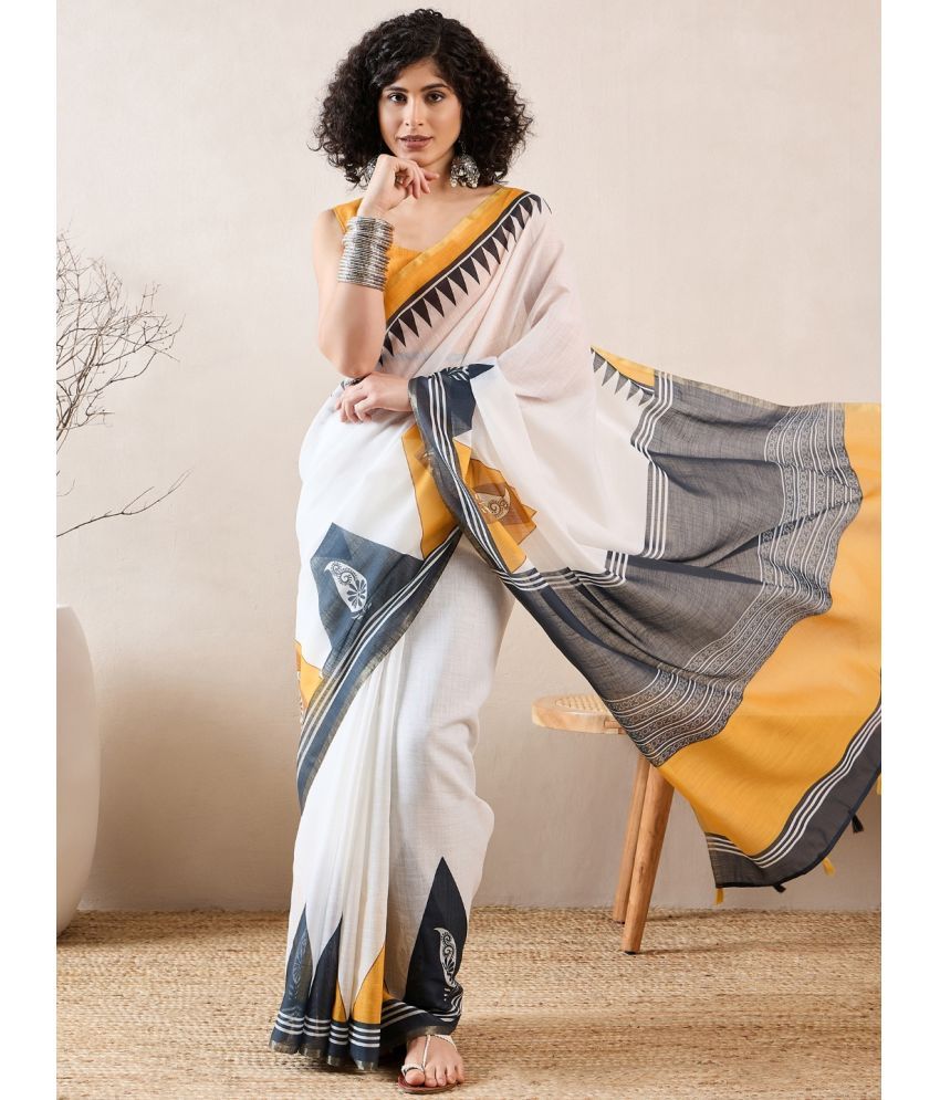     			Vaamsi Linen Printed Saree With Blouse Piece - White ( Pack of 1 )