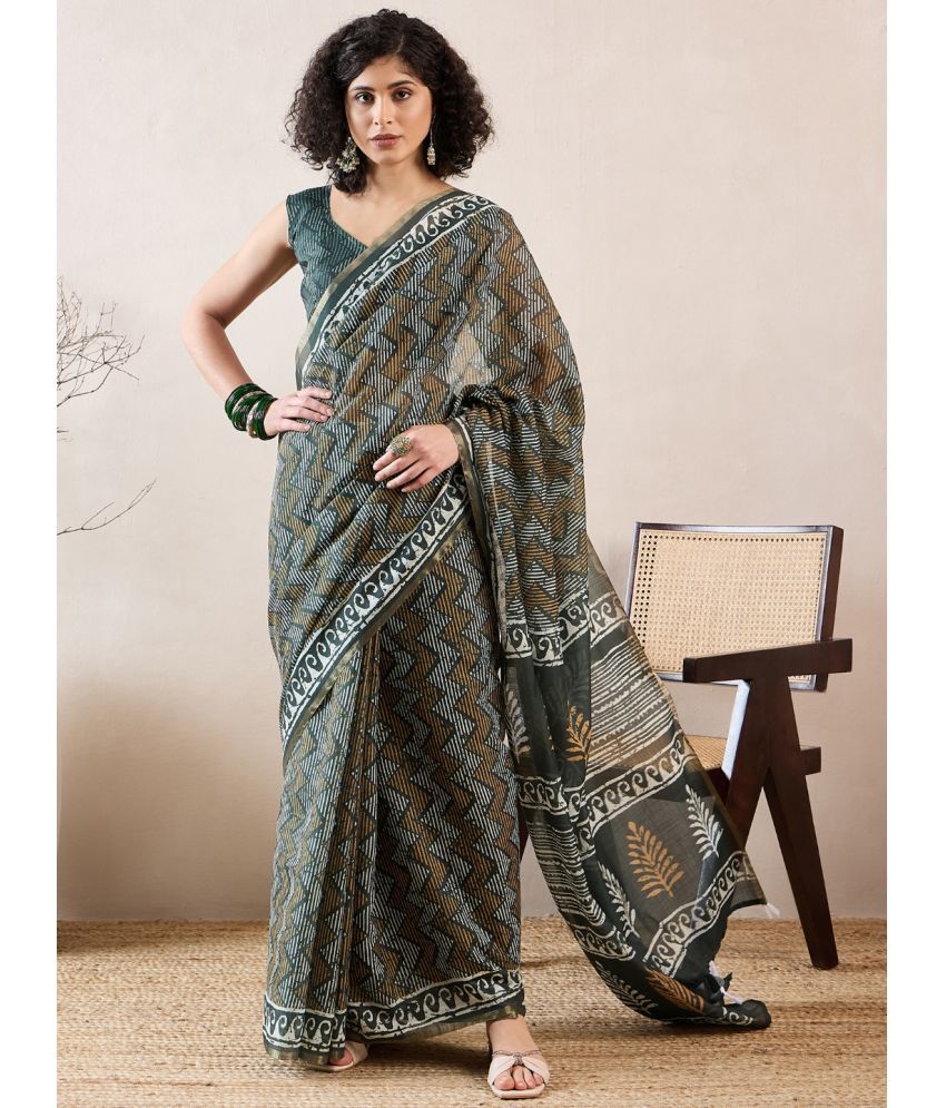     			Vaamsi Linen Printed Saree With Blouse Piece - Green ( Pack of 1 )