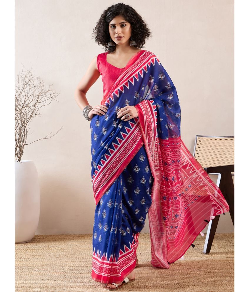     			Vaamsi Linen Printed Saree With Blouse Piece - Blue ( Pack of 1 )