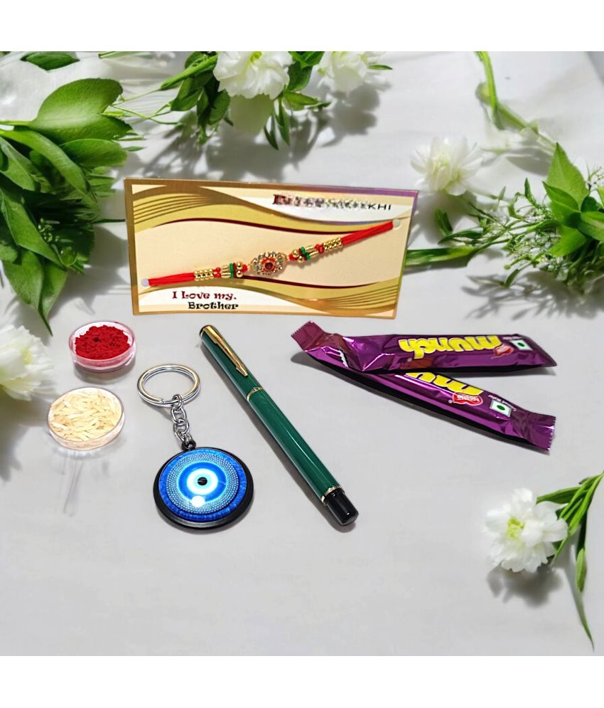     			auteur 801 Stylish Black Roller Ball Pen and Designer Rakhi Gift Set for Brother With Evil Eye Keychain, Chocolates, Roli, Mishri and Rice.