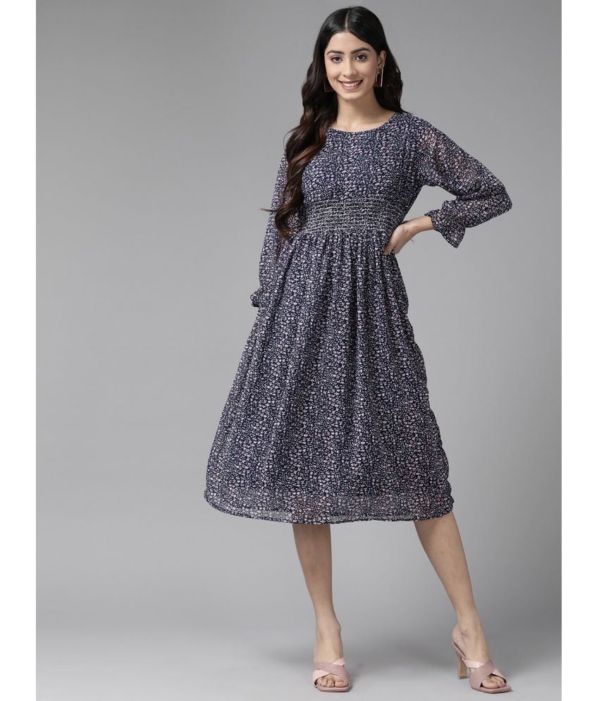     			Aarika Georgette Printed Midi Women's Fit & Flare Dress - Navy Blue ( Pack of 1 )