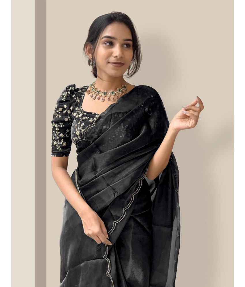     			JULEE Organza Solid Saree With Blouse Piece - Black ( Pack of 1 )