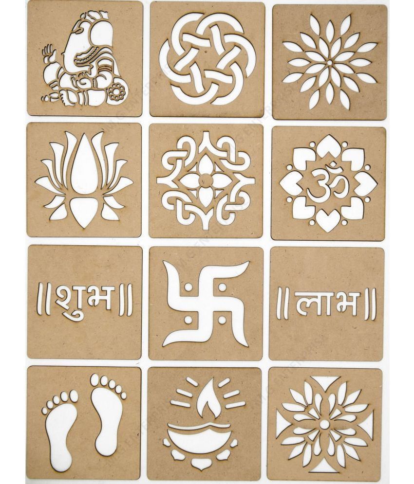     			M G Enterprise DIY MDF Wood Organic Rangoli Stencils For Floor and Wall G-1 Set of 12 pc (4 in x 4 in)