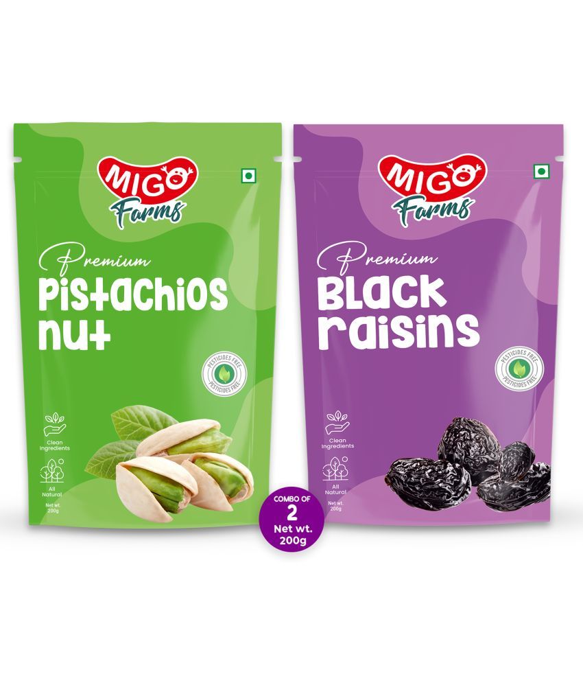     			Migo Farms Healthy Premium Dry Fruits & Nuts Combo of Roasted Pistachios, Black Raisins (2 x 200 g)