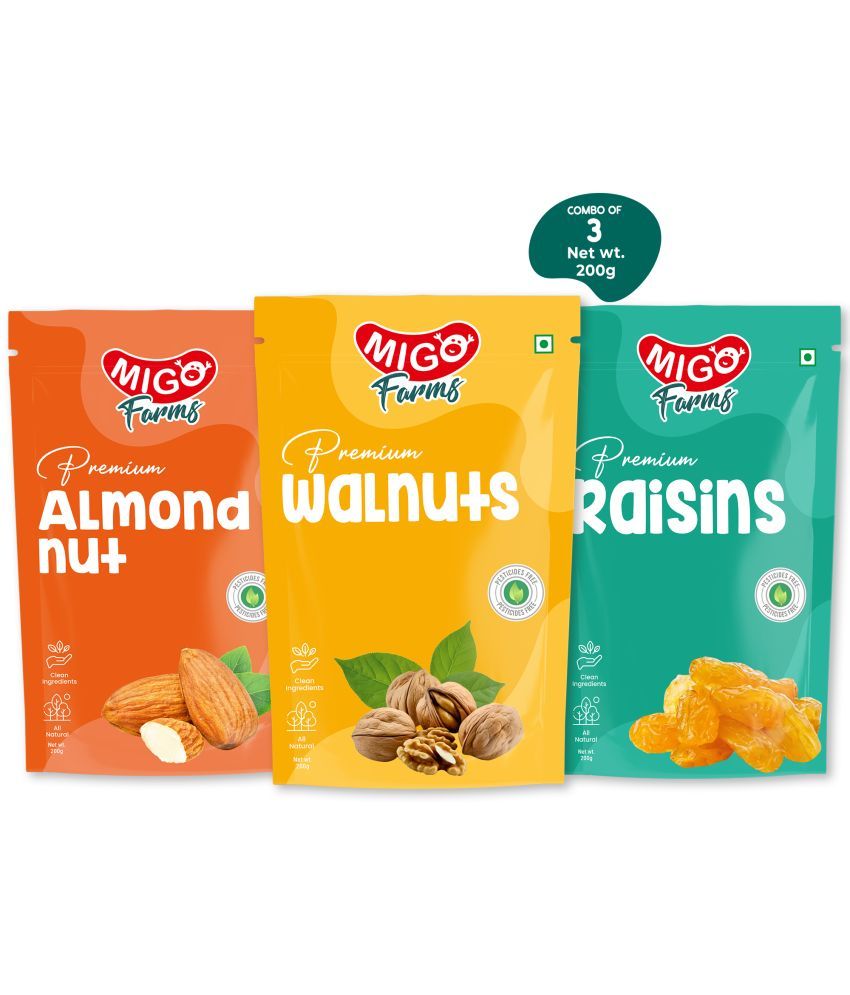     			Migo Farms Pack of 3 Premium Healthy Dry Fruits & Nuts Almonds, Walnuts, Raisins (3 x 200 g)