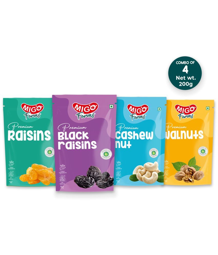     			Migo Farms Pack of 4 Healthy Premium Dry Fruits Nuts Raisins,Black Raisins,Cashews,Walnuts (4x200 g)