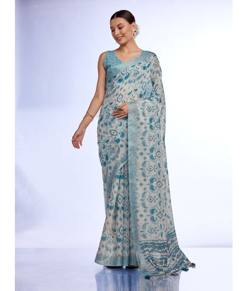     			Rekha Maniyar Linen Printed Saree With Blouse Piece - Teal ( Pack of 1 )