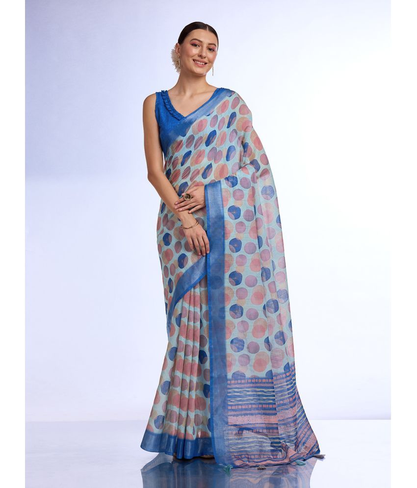     			Rekha Maniyar Linen Printed Saree With Blouse Piece - Blue ( Pack of 1 )