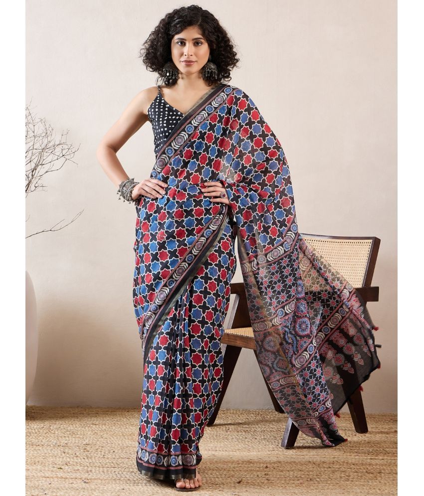     			Vaamsi Linen Printed Saree With Blouse Piece - Black ( Pack of 1 )