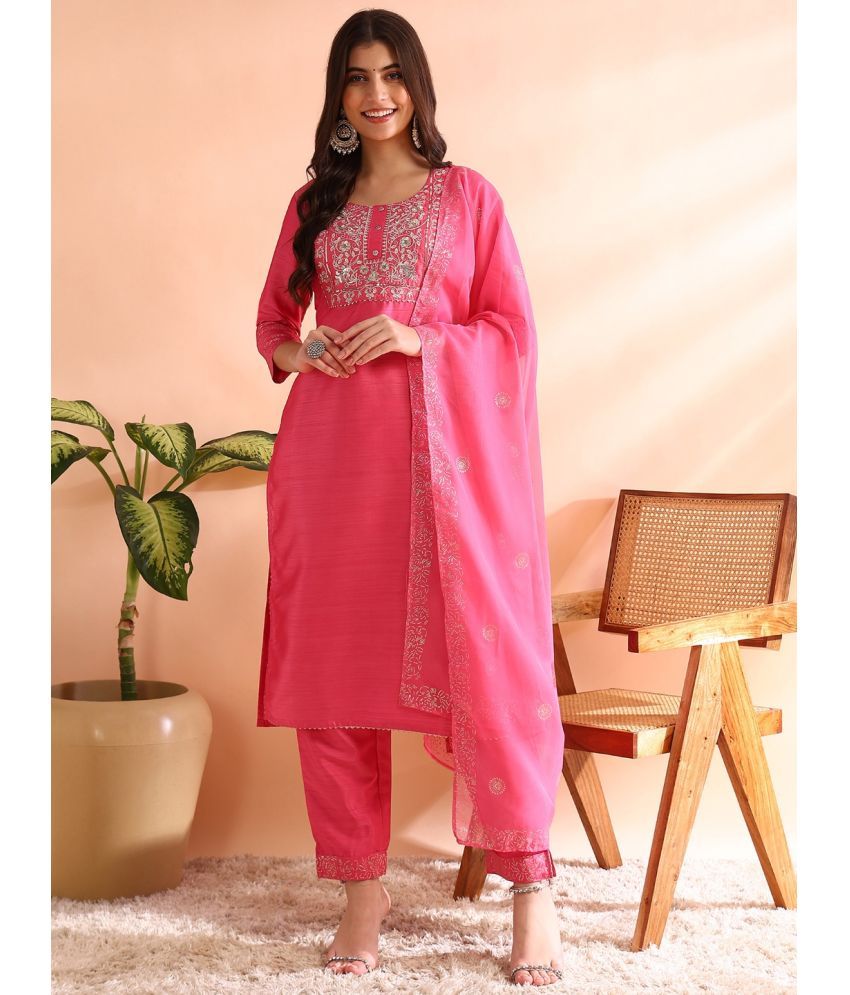     			Vaamsi Silk Blend Embroidered Kurti With Pants Women's Stitched Salwar Suit - Pink ( Pack of 1 )