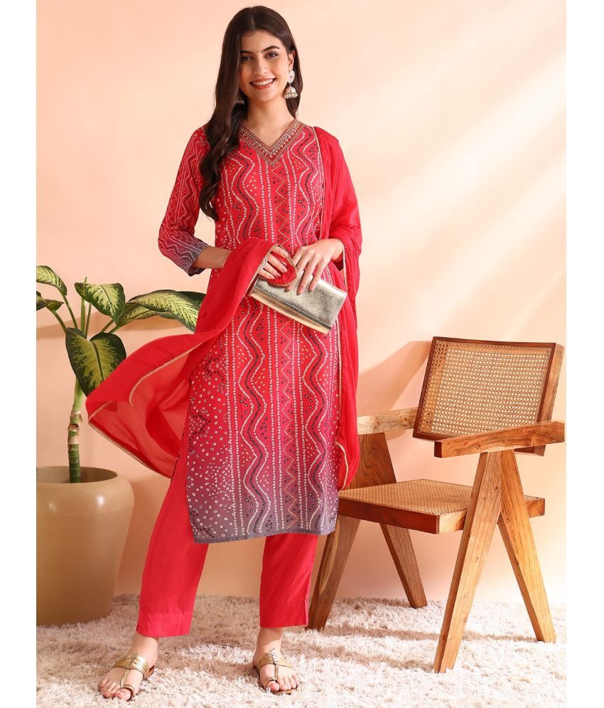     			Vaamsi Silk Blend Printed Kurti With Pants Women's Stitched Salwar Suit - Red ( Pack of 1 )