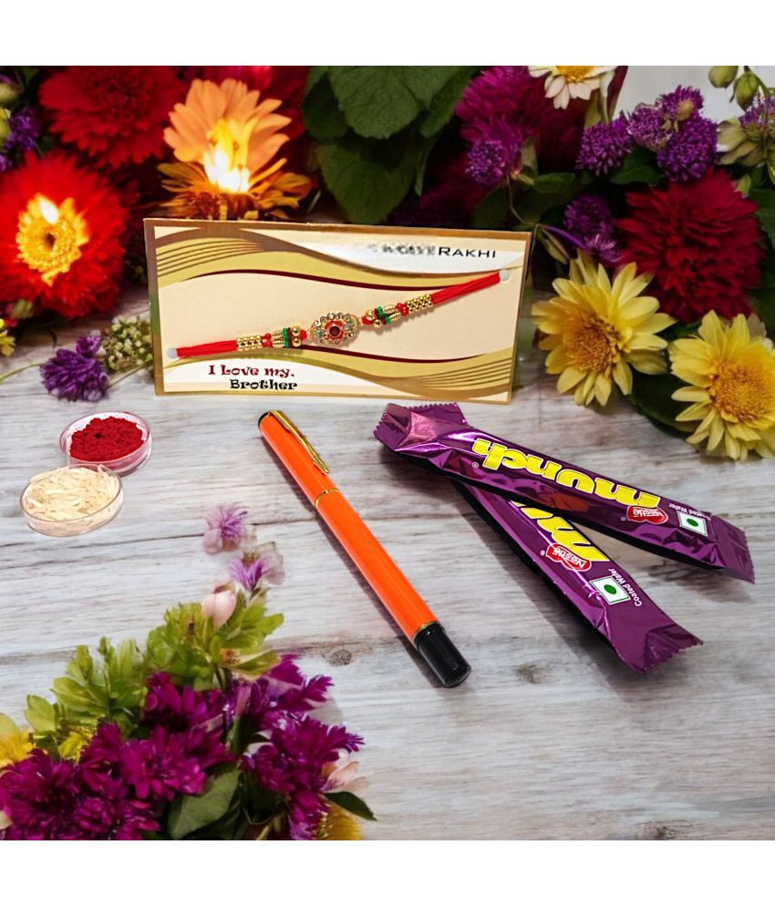     			auteur 801 Stylish Black Roller Ball Pen and Designer Rakhi Gift Set for Brother With Chocolates, Roli, Mishri and Rice.