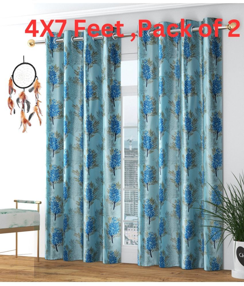     			SWIZIER Floral Printed Room Darkening Eyelet Curtain 7 ft ( Pack of 2 ) - Blue