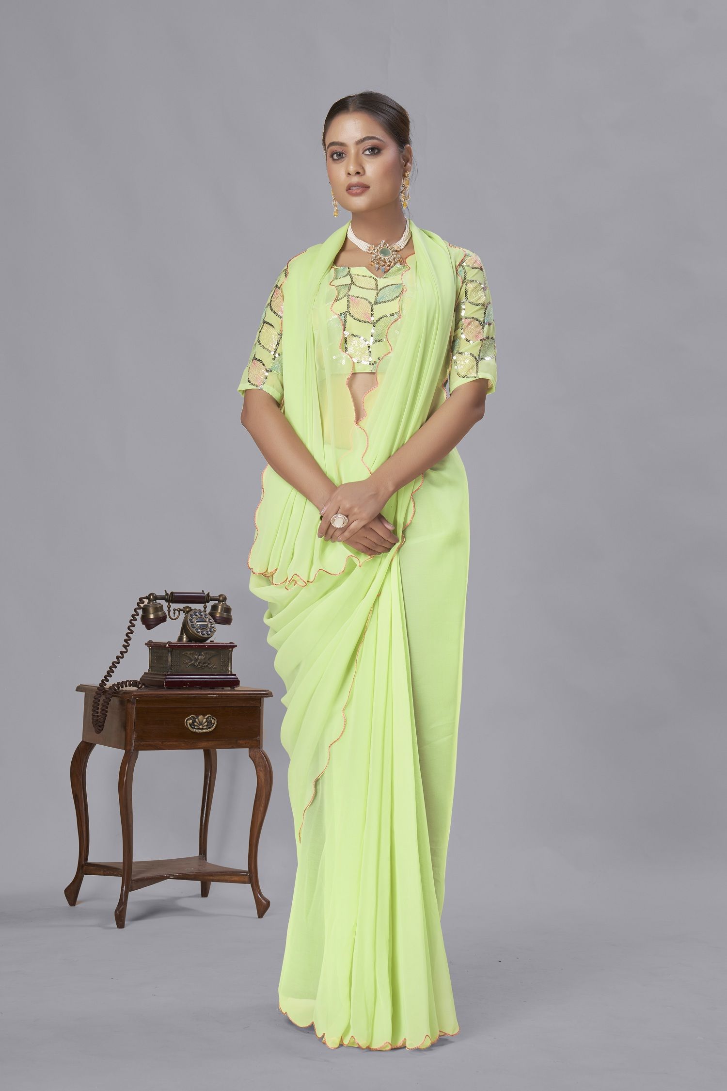     			A TO Z CART Georgette Printed Saree With Blouse Piece - Lime Green ( Pack of 1 )