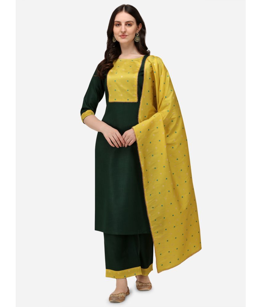     			Estela Cotton Embellished Kurti With Palazzo Women's Stitched Salwar Suit - Green ( Pack of 1 )