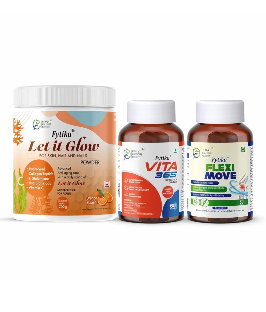     			Fytika Let it Glow Orange Splash, Collagen Powder-200G + Fytika Vita 365, 3 in 1 Multivitamin-60 Tabs + Fytika Flexi Move| Glucosamine, Rosehip Powder extract-60 Tabs