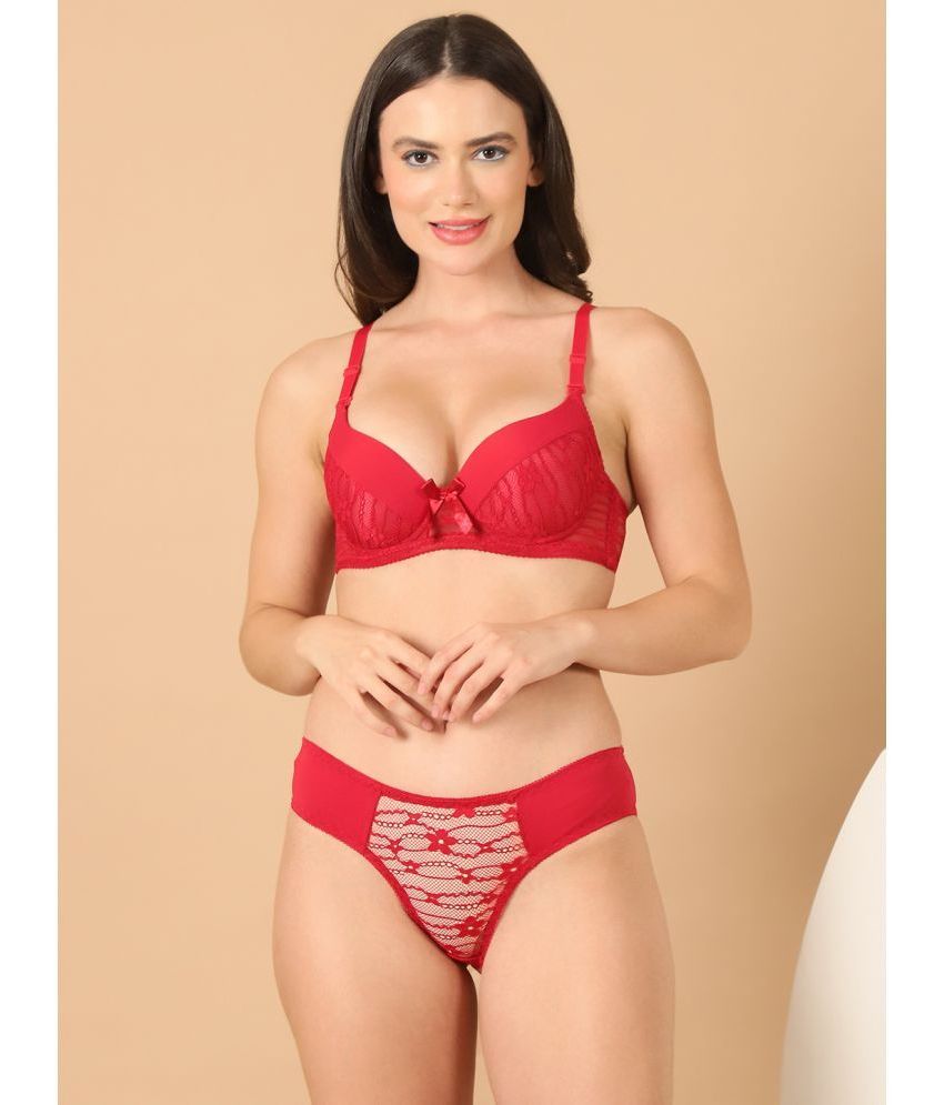     			PrettyCat Red Hot Lingerie Lace Women's Bra & Panty Set ( Pack of 1 )