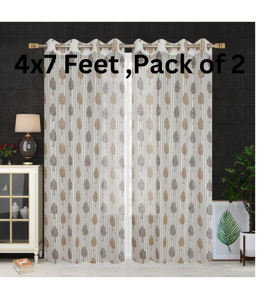     			SWIZIER Floral Semi-Transparent Eyelet Curtain 7 ft ( Pack of 2 ) - Brown