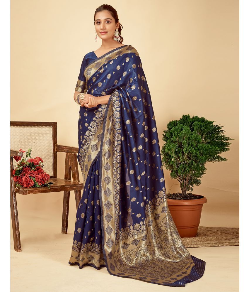     			Samah Silk Blend Self Design Saree With Blouse Piece - Navy Blue ( Pack of 1 )