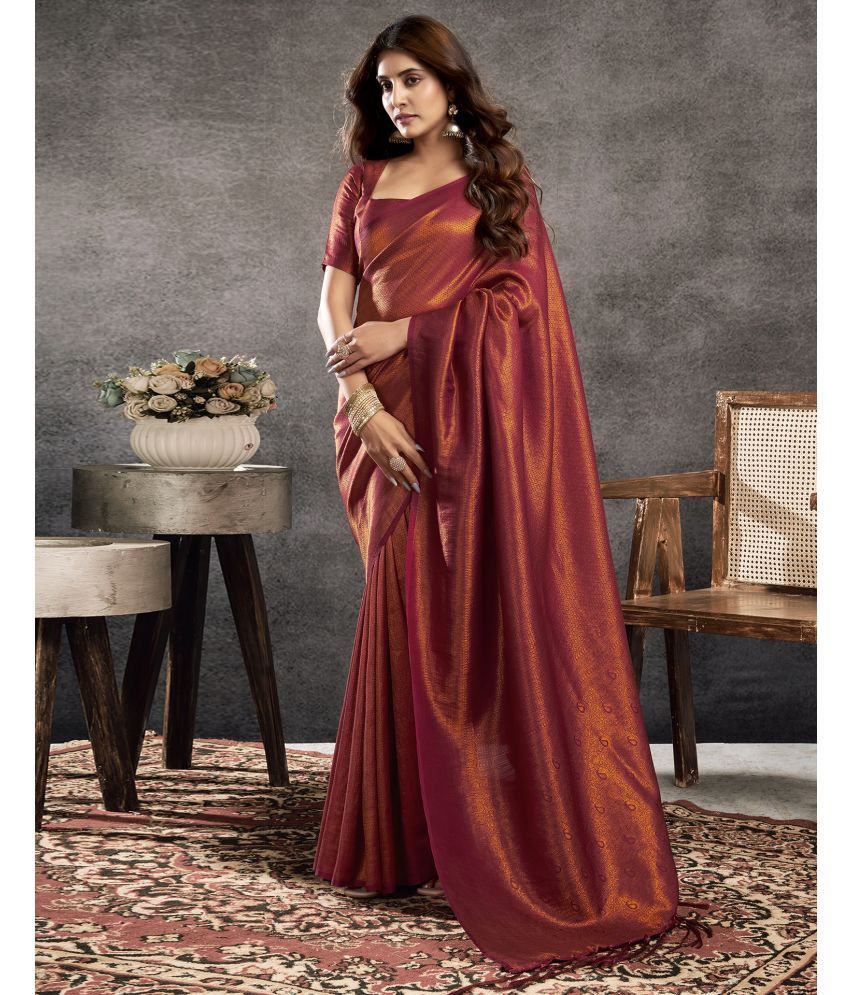     			Samah Silk Blend Self Design Saree With Blouse Piece - Maroon ( Pack of 1 )