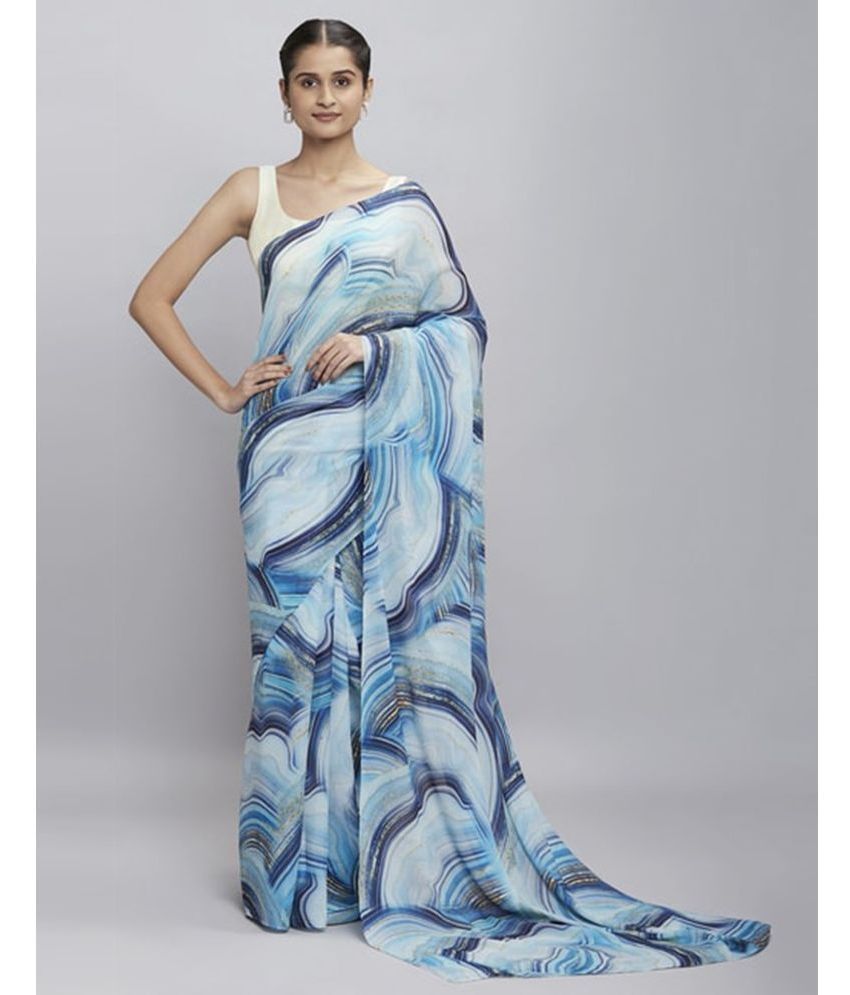     			Satrani Georgette Printed Saree With Blouse Piece - Light Blue ( Pack of 1 )