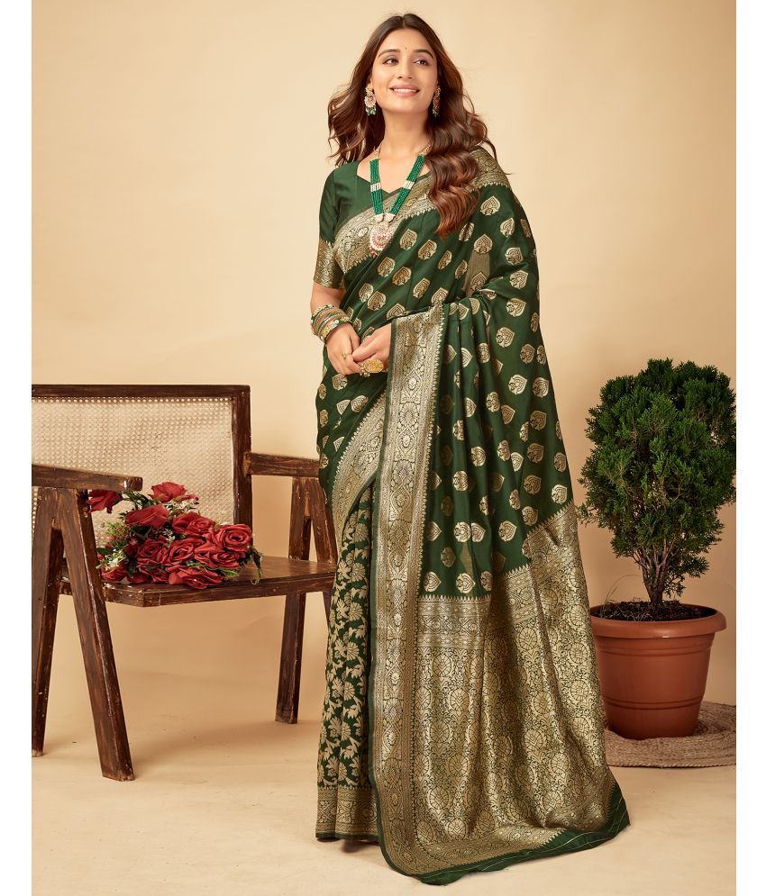     			Satrani Silk Blend Self Design Saree With Blouse Piece - Green ( Pack of 1 )