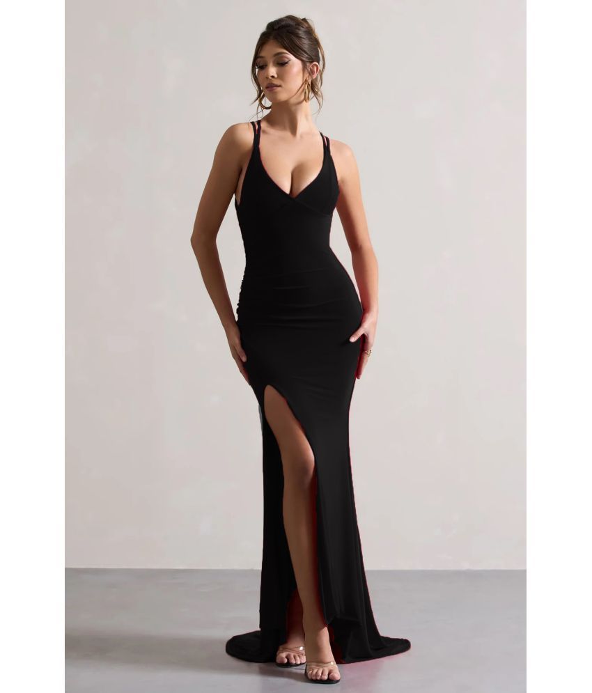     			Traquila Lycra Solid Full Length Women's Side Slit Dress - Black ( Pack of 1 )