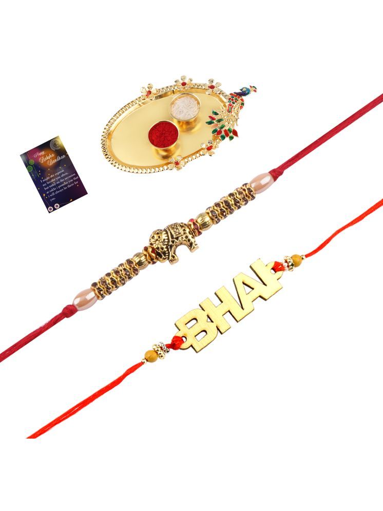     			Elegant Bhaiya Rakhi " BHAI" Designe With Designer Look "Elephant" Rakhi Combo For Bhaiya With Roli Chawal And Greeting Card 1 Kankawati Pooja Thali