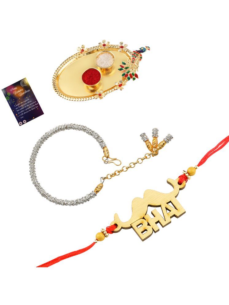     			Elegant Bhaiya Rakhi " BHAI" Designe With Silver Bracelet Kada BhabhiRakhi Combo With Roli Chawal And Greeting Card 1 Kankawati Pooja Thali