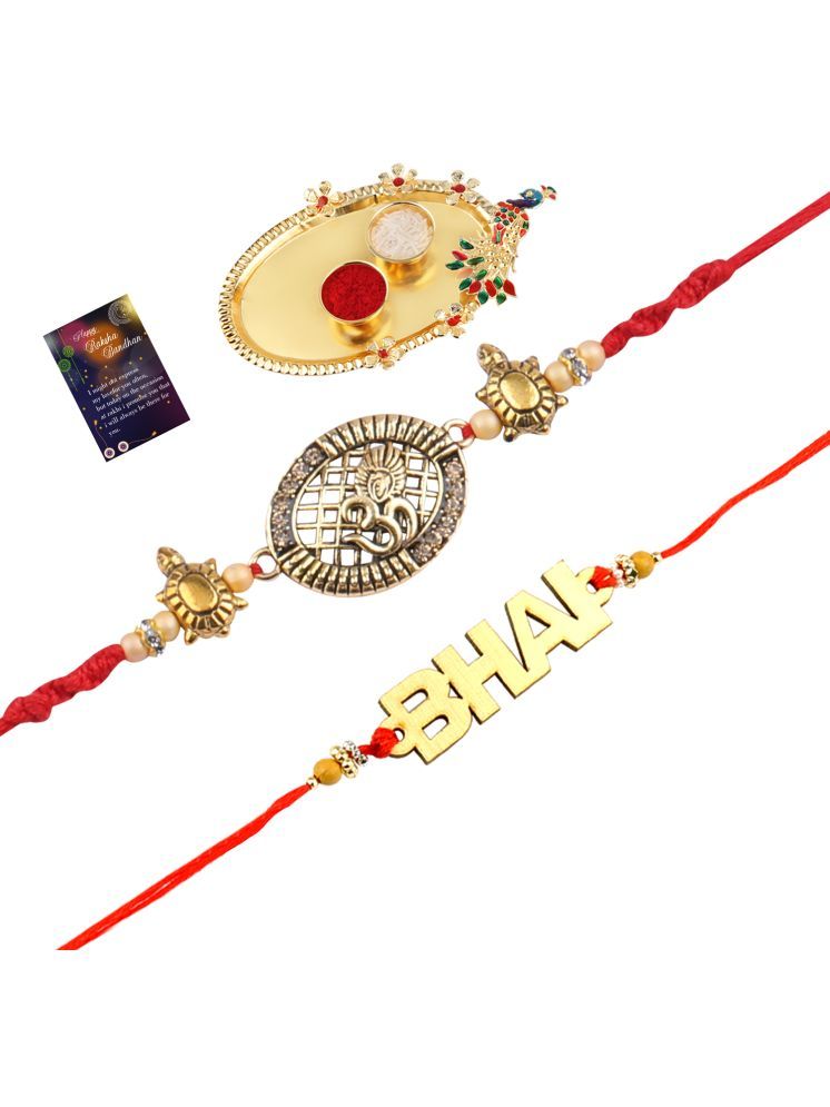     			Elegant Bhaiya Rakhi " BHAI" Designe With Designer Look "OM" Rakhi Combo For Bhaiya With Roli Chawal And Greeting Card 1 Kankawati Pooja Thali