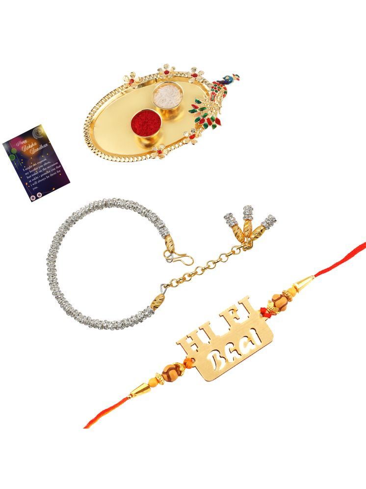     			Elegant Bhaiya Rakhi " HI-FI BHAI" Designer Pendent With Silver Bracelet Kada BhabhiRakhi Combo With Roli Chawal And Greeting Card 1 Kankawati Pooja Thali