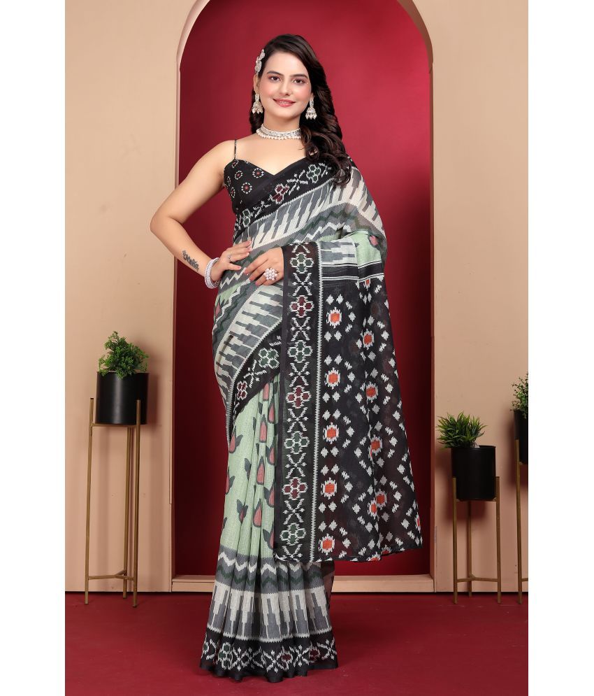     			Fashionfricks Linen Printed Saree With Blouse Piece - Multicolor ( Pack of 1 )