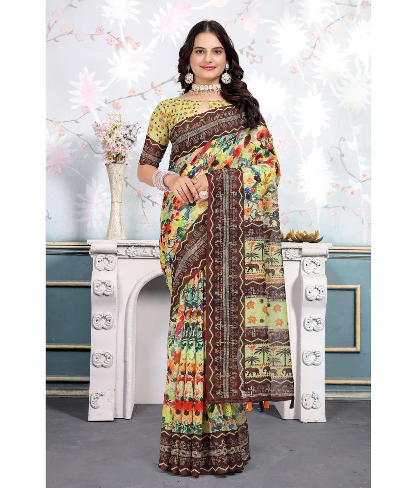     			Fashionfricks Linen Printed Saree With Blouse Piece - Multicolor ( Pack of 1 )