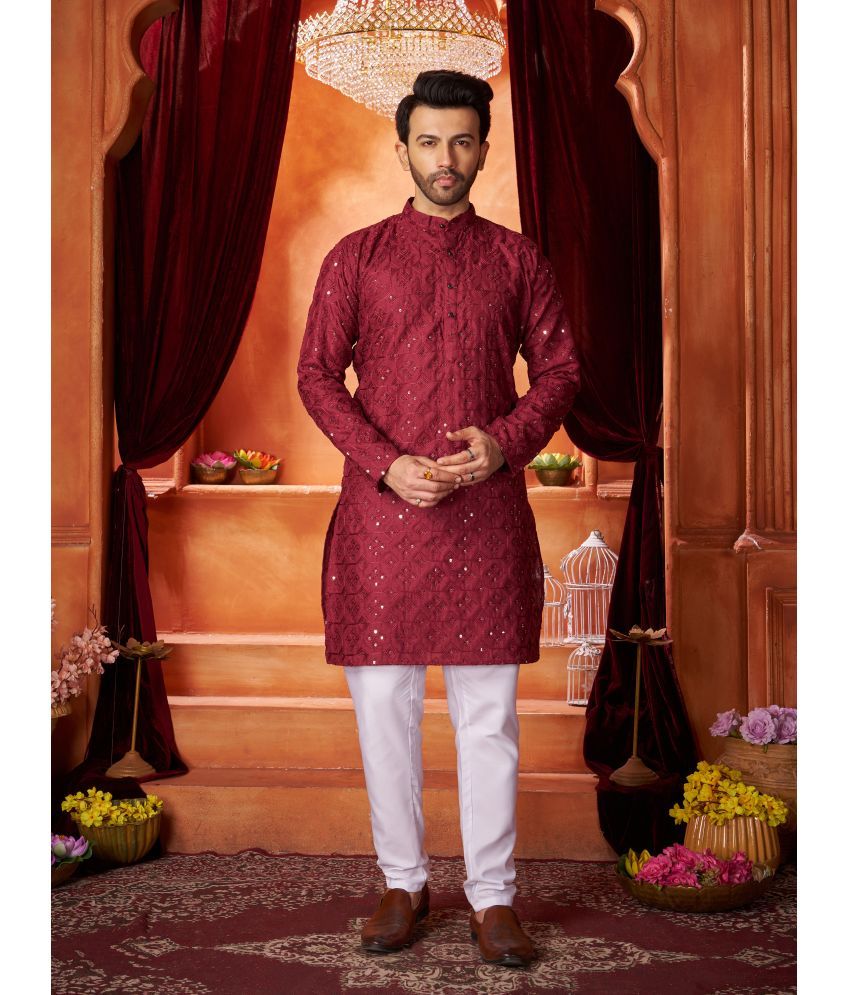     			Fashionfricks Maroon Cotton Blend Regular Fit Men's Kurta Pyjama Set ( Pack of 1 )