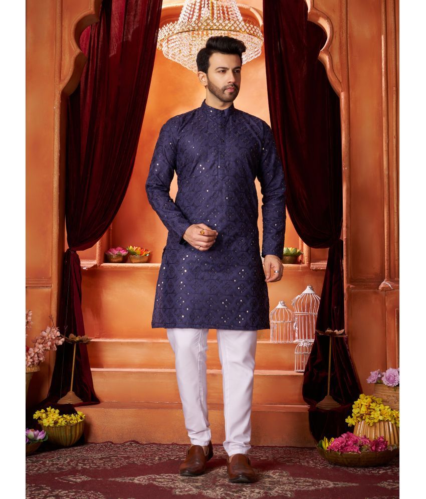     			Fashionfricks Navy Cotton Blend Regular Fit Men's Kurta Pyjama Set ( Pack of 1 )