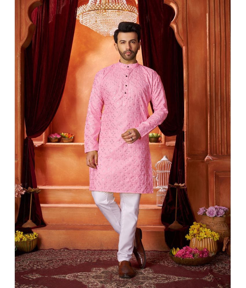     			Fashionfricks Pink Cotton Blend Regular Fit Men's Kurta Pyjama Set ( Pack of 1 )