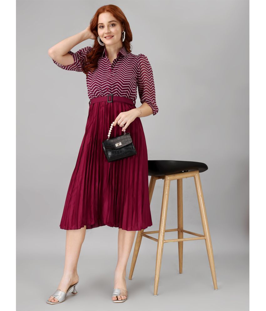     			Femvy Georgette Striped Knee Length Women's Fit & Flare Dress - Magenta ( Pack of 1 )