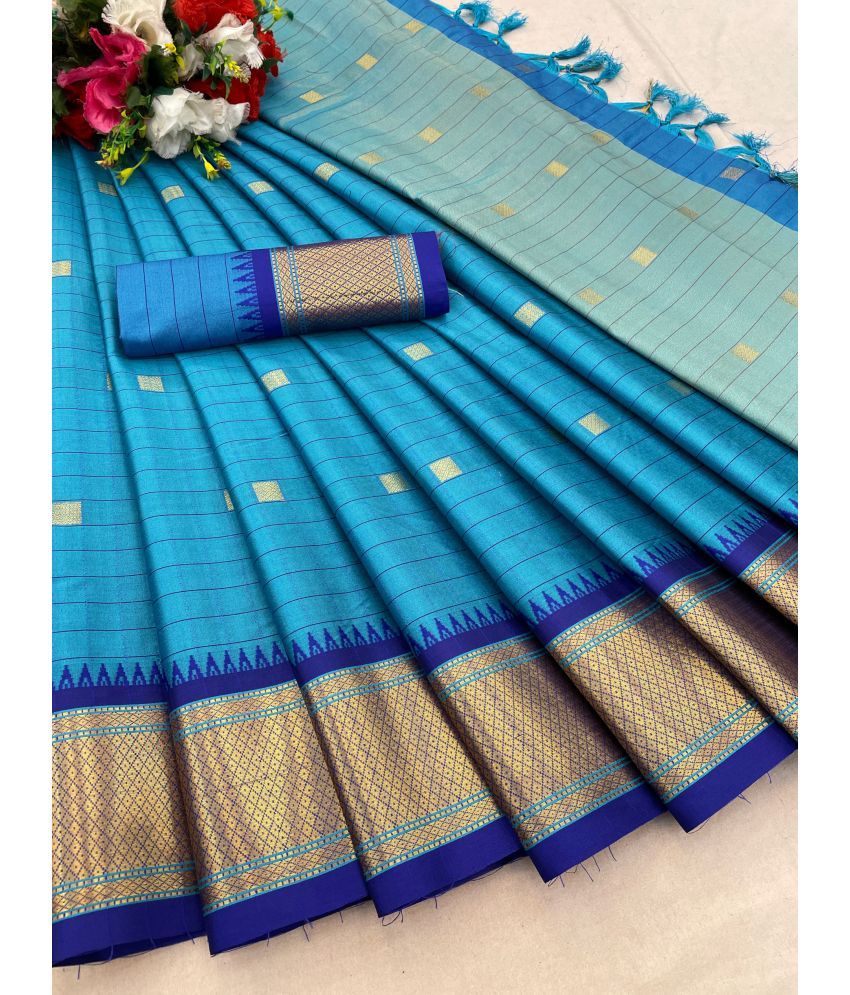     			KanjiQueen Cotton Silk Checks Saree With Blouse Piece - LightBLue ( Pack of 1 )