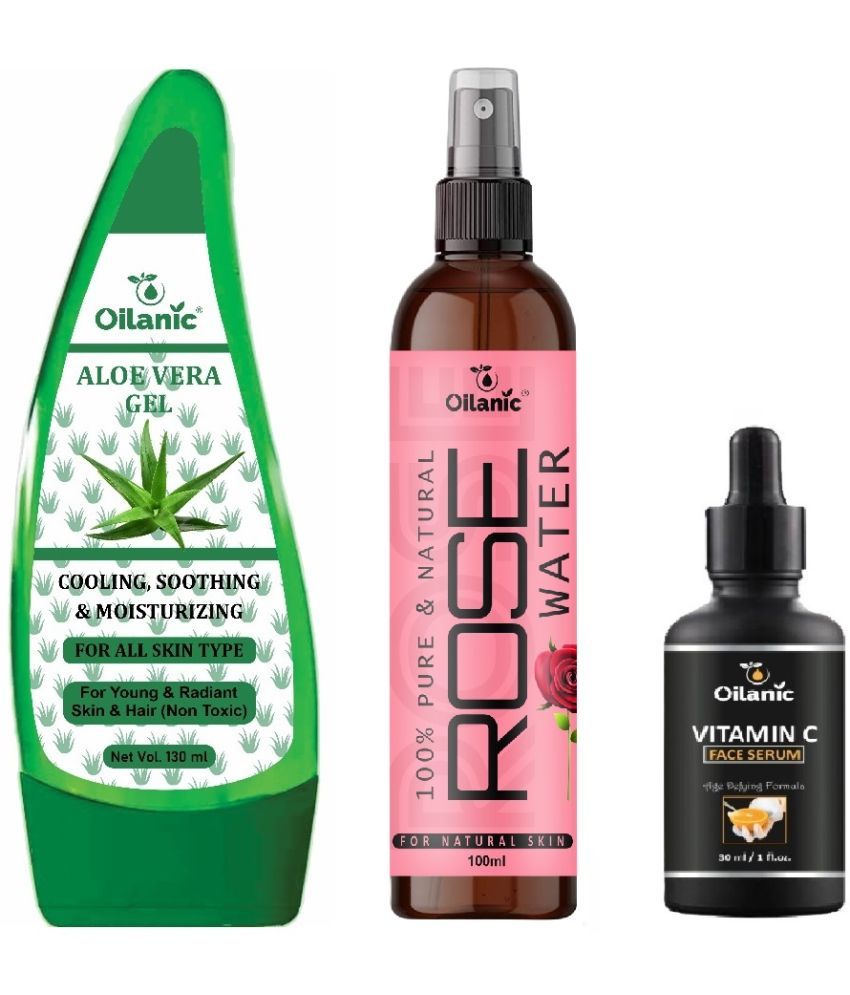     			Pure Aloe vera Gel 130ml, Rose water for Hyrated Skin 100ml & Vitamin C Face Serum 30ml - Combo of 3 Items