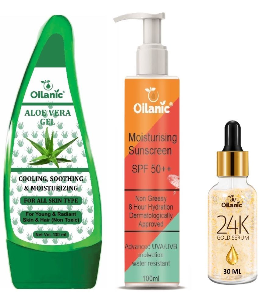     			Pure Aloe vera Gel 130ml, Sunscreen with SPF 50++ Lighweight 100ml & 24K Gold Facial Serum 30ml - Combo of 3 Items