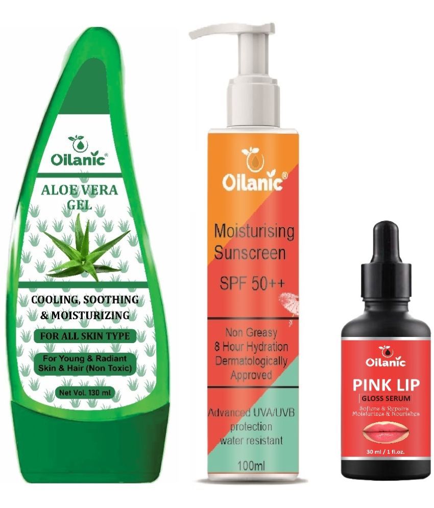     			Pure Aloe vera Gel 130ml, Sunscreen with SPF 50++ Lighweight 100ml & Pink Lip Gloss Serum 30ml - Combo of 3 Items