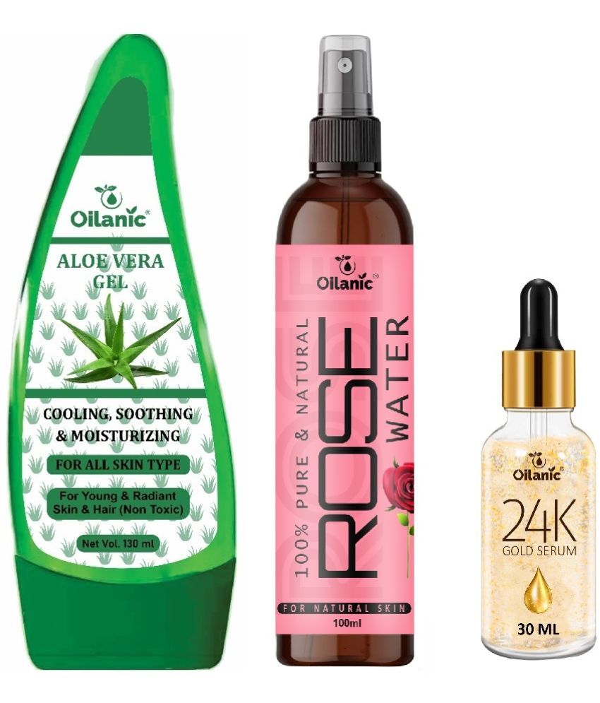     			Pure Aloe vera Gel 130ml, Rose water for Hyrated Skin 100ml & 24K Gold Facial Serum 30ml - Combo of 3 Items