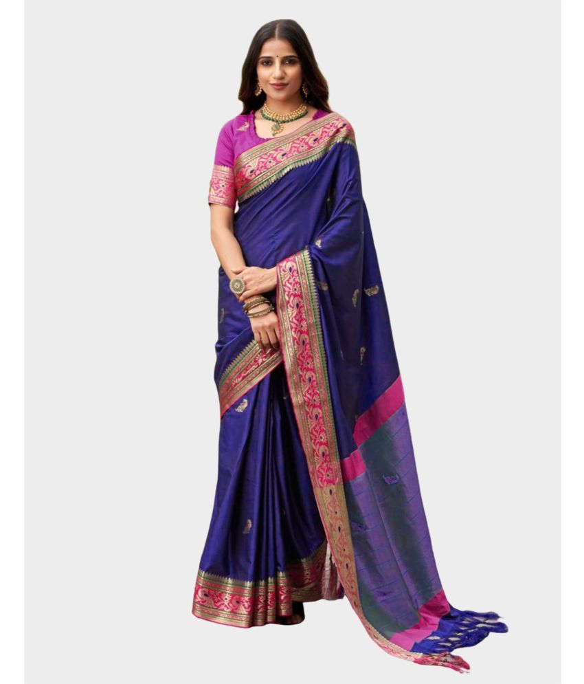     			Samah Silk Embellished Saree With Blouse Piece - Navy Blue ( Pack of 1 )