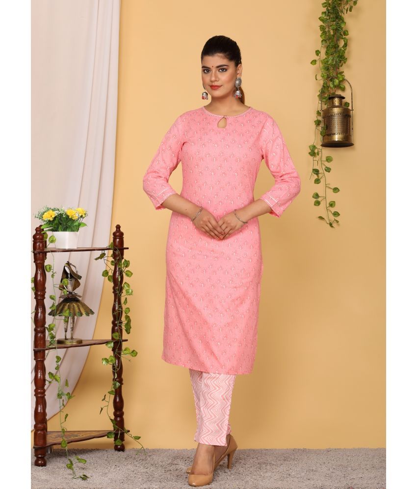     			Sarli Cotton Printed Kurti With Pants Women's Stitched Salwar Suit - Pink ( Pack of 1 )