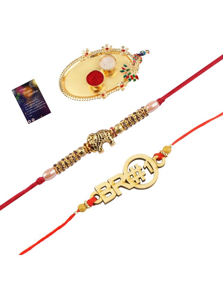     			Stylish Bhaiya Rakhi " BRO" Designer Pendent With Designer Look "Elephant" Rakhi Combo For Bhaiya With Roli Chawal And Greeting Card 1 Kankawati Pooja Thali