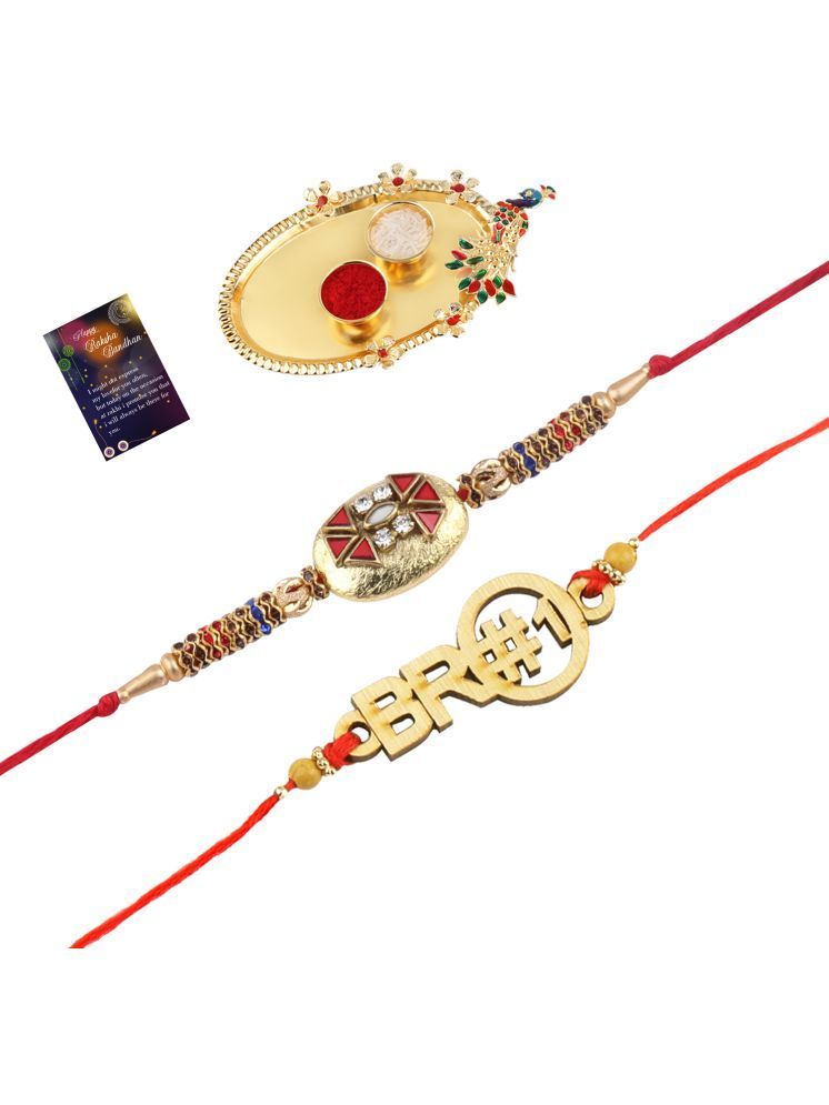     			Stylish Bhaiya Rakhi " BRO" Designer Pendent With Designer Look Rakhi Combo For Bhaiya With Roli Chawal And Greeting Card 1 Kankawati Pooja Thali