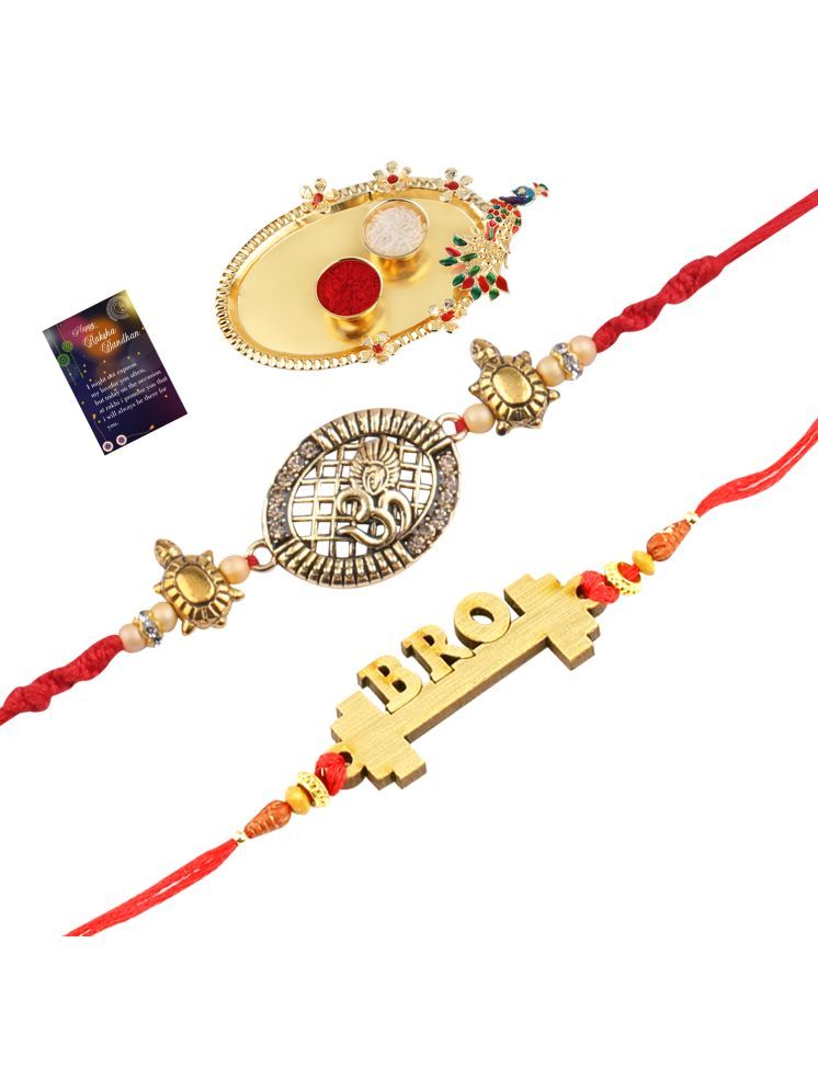     			Stylish Bhaiya Rakhi " BRO" Designer Pendent With Designer Look "OM" Rakhi Combo For Bhaiya With Roli Chawal And Greeting Card 1 Kankawati Pooja Thali